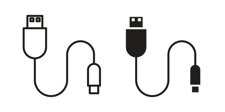 USB cable icon silhouette design. Editable stroke outline icon on white background