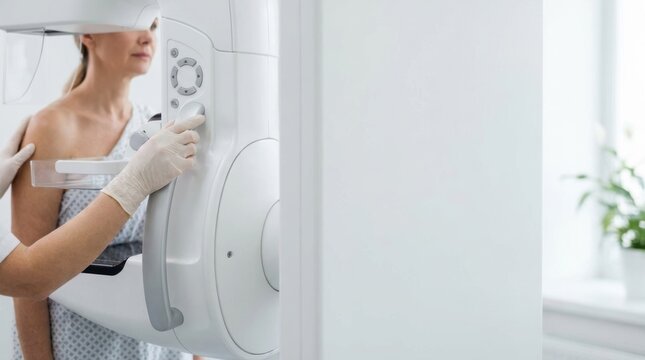 A female patient receives a mammography examination performed by a medical technician in a clean clinic setting