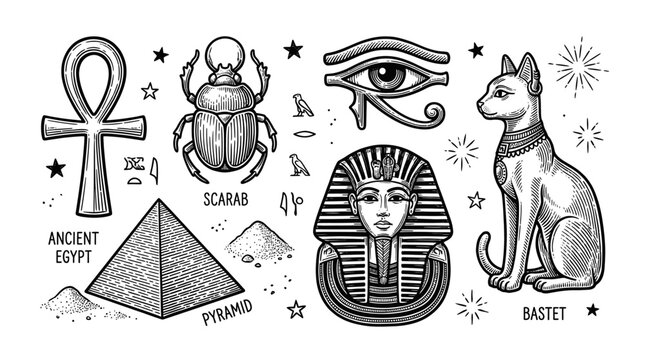 Ancient Egypt Symbols Vector Illustration Set with Pharaoh, Pyramid, Scarab Beetle, Eye of Horus, Bastet Cat, and Ankh in Vintage Engraving Style