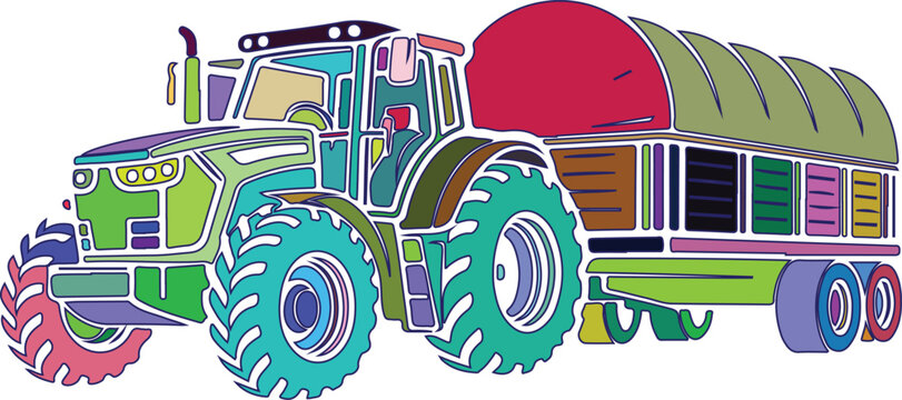 Colorful stylized farm tractor pulling a trailer with a red rounded roof