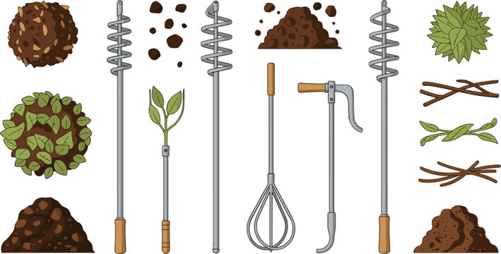Soil Preparation and Compost Mixing Tools Vector Set with Earth Textures, Garden Augers, Whisk Mixer, Hand Cultivator, and Organic Material Elements