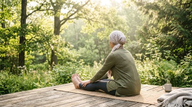 Woman in headscarf stretching on yoga mat outdoors Barefoot on wooden deck with green forest and warm sunlight
