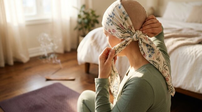 A person ties a floral headscarf revealing a bald head while sitting on the floor near burning incense and a mat