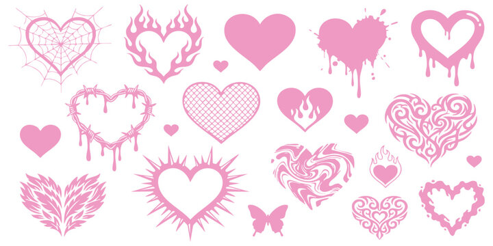 Set of various pink heart shapes with gothic, y2k, and tribal style elements vector illustration collection