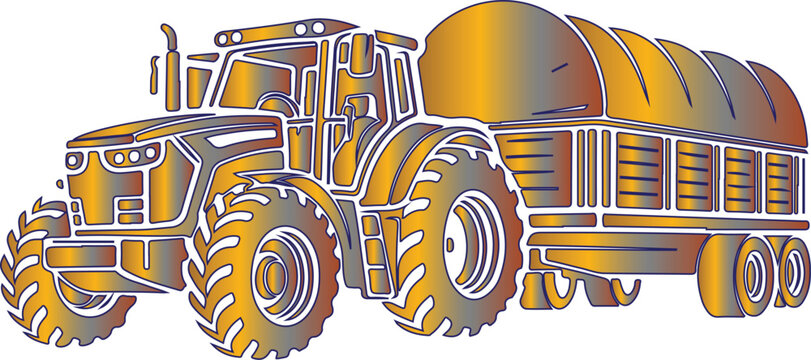 Gradient orange farm tractor with attached trailer