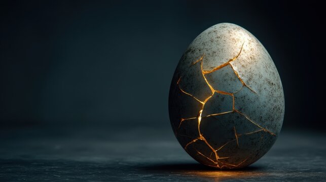 Cracked eggshell emits warm golden light Easter.