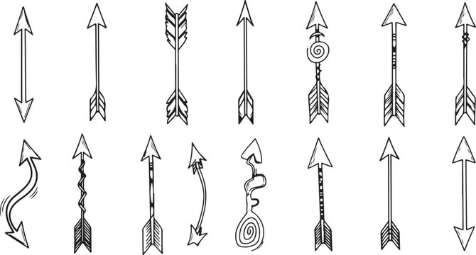 Hand drawn collection of tribal arrows with various feather and shaft patterns