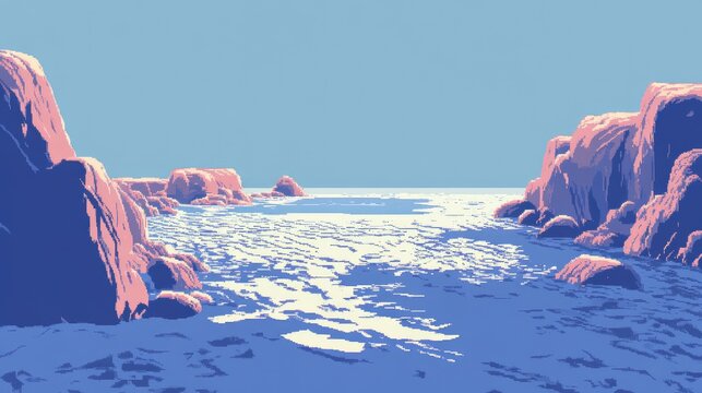 Serene Pixelated Seaway with Sun-Kissed Pink Cliffs and Glistening Water.