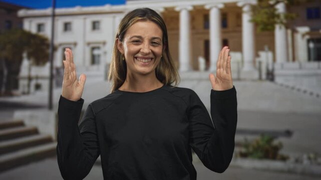 Woman smiling with hands raised in front of a neoclassical building with stone steps and columns outdoors during daytime; joy celebration.