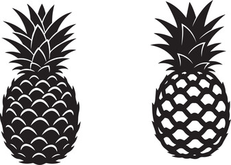 Obraz premium Two black silhouette pineapple with different leaf and skin textures on white background