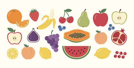 Obraz premium Colorful Fresh Fruit Collection with Watermelon, Mango, Orange, Banana, Apple and more. Healthy nutrition organic smoothies and wellness illustration designs