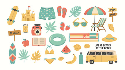 Set of cute summer icons, stickers. Collection of scrapbooking elements for beach party. Weekend and summer time concept. Hand drawn modern items, signs for card, scrapbooking © Stock4line
