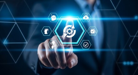 Fototapeta premium Business automation interface with glowing digital icons for artificial intelligence workflow and corporate digital transformation management