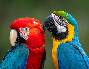 Fototapeta premium Two parrots, one red, one blue/yellow, stand side by side, close-up on blurred background