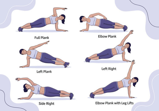 A woman demonstrates six different variations of the plank exercise, including full, elbow, and side variations, for core strength training.