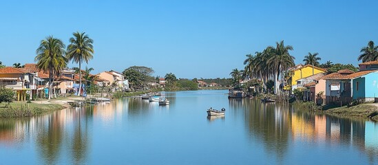 Fototapeta premium Serene Tropical River Village: Colorful Houses, Palm Trees, and Boats Reflecting in Blue Water