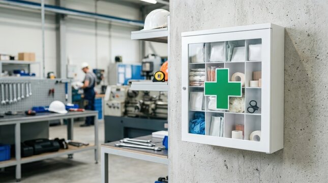 First aid kit mounted on concrete wall in industrial factory. Medical supplies in wall cabinet for workplace safety. Occupational health and safety equipment in manufacturing facility.