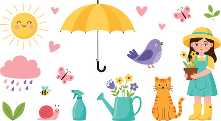 Fototapeta premium Cute spring gardening elements with girl cat flowers umbrella and watering can cartoon vector illustration