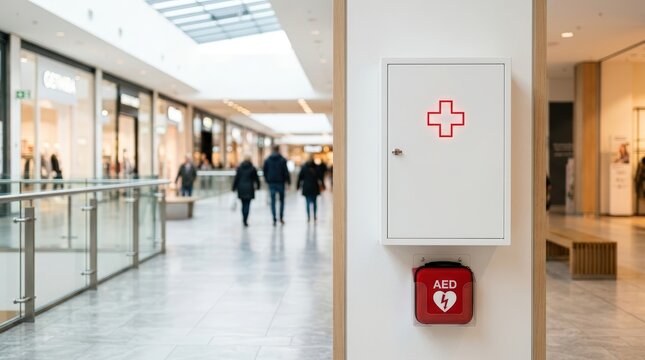 Automated external defibrillator in cabinet on wall in shopping mall. Medical device for emergency heart resuscitation. Public safety, health equipment, survival rescue station protocol.