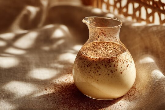 Rompope in glass pitcher, creamy light-colored drink topped with cocoa powder, warm golden light on burlap cloth. Concept of cozy atmosphere, traditional eggnog style beverage Mexican.
