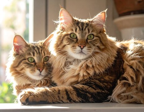 Two Maine Coon cats cuddle on windowsill in sunny daylight, portrait style