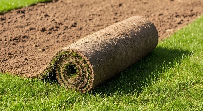 Rolled sod on a grassy lawn with exposed soil background