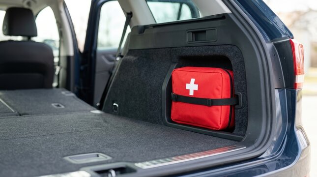 Red first aid kit inside car trunk. Essential medical emergency equipment stored in vehicle for road safety. Primary healthcare supplies for travel preparedness and accident response.