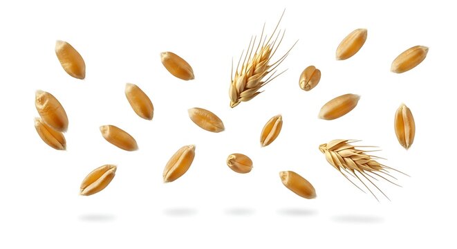 Floating wheat grains on white background food cereal With shadow. AI GENERATED.
