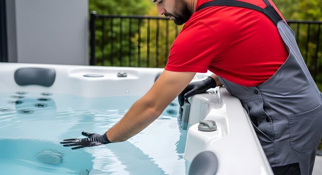 Man cleaning a hot tub with a gloved hand