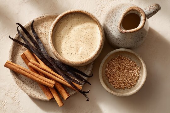 Rompope served in small ceramic cups, accompanied by cinnamon sticks and sesame seeds. Concept of cozy, warm atmosphere with eggnog style beverage Mexican traditional.