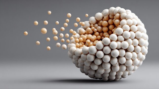 Sphere made of white beads splits open, releasing smaller beige spheres. The image suggests transformation or emergence. Perfect for themes of innovation, growth, or scientific discovery