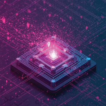 Isometric perspective of a dynamic cyber defense system activating in real time, streams of encrypted data rapidly forming a protective energy field around a decentralized digital core, fragmented dat
