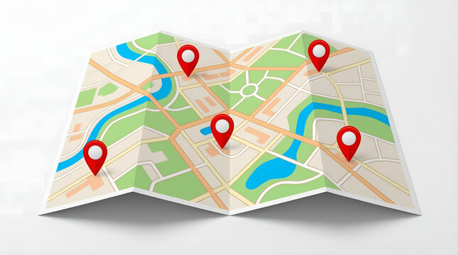 Conceptual 3D rendering of a generic folded city map with multiple red location markers, symbolizing navigation, points of interest, and route planning for travel or business logistics