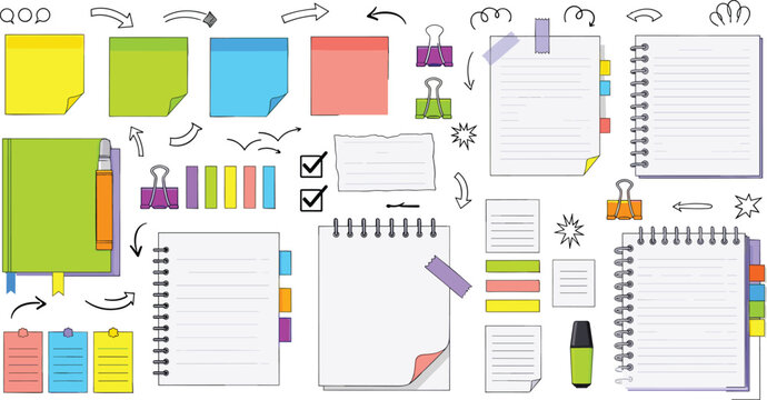 Office Notes and Sticky Papers Illustration Set with Notebooks, Checklists, Arrows, Tabs and Stationery Elements for Planning and Organization Design Collection
