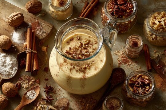 Rompope in glass pitcher topped with walnuts, cinnamon, surrounded by spice jars. Concept of cozy, rustic setting with eggnog style beverage Mexican traditional flavors.