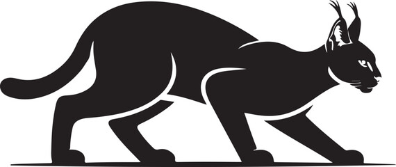 Sleek black silhouette of a fierce caracal wild cat in a focused stalking pose © Nurcreator