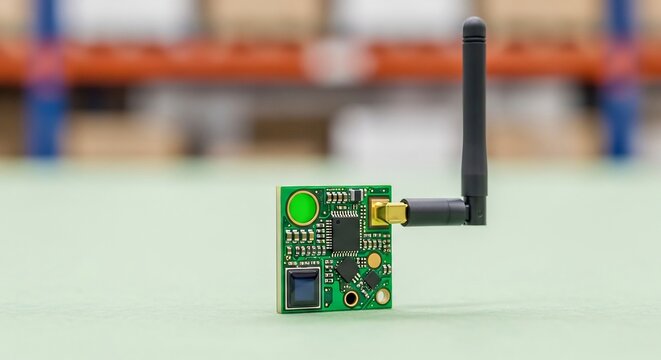 Small IoT Development Board with Antenna on Desk, Wireless Connectivity Module, Green Tech Sustainable Electronics