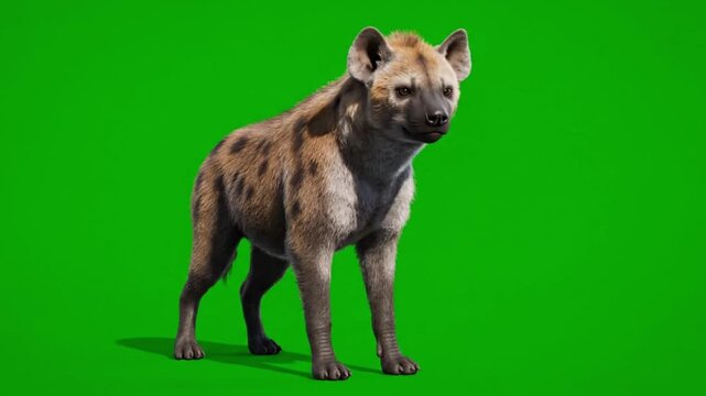 A spotted hyena standing on a green screen background, looking directly at the camera with a slight turn to its right.