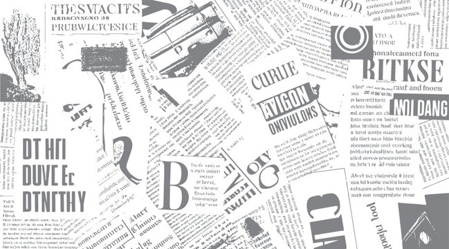 Grey newspaper clippings with large text and abstract shapes on white background print