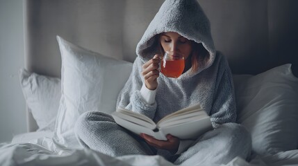 Young woman in comfy loungewear enjoys diluted apple cider vinegar while engrossed in a book in her cozy bed.