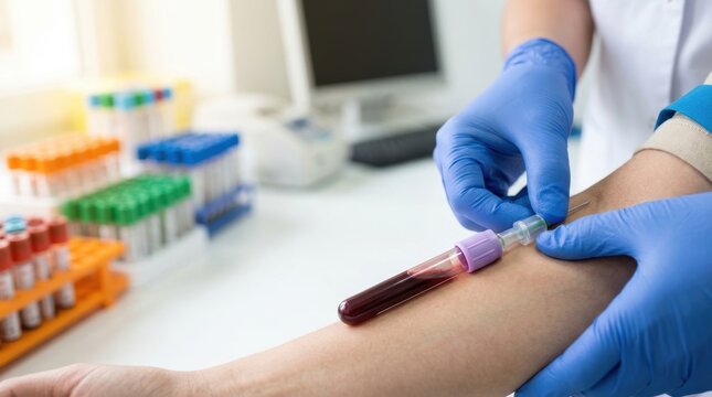 Healthcare professional in blue gloves drawing blood from a patient's arm using a vacutainer in a clinical laboratory