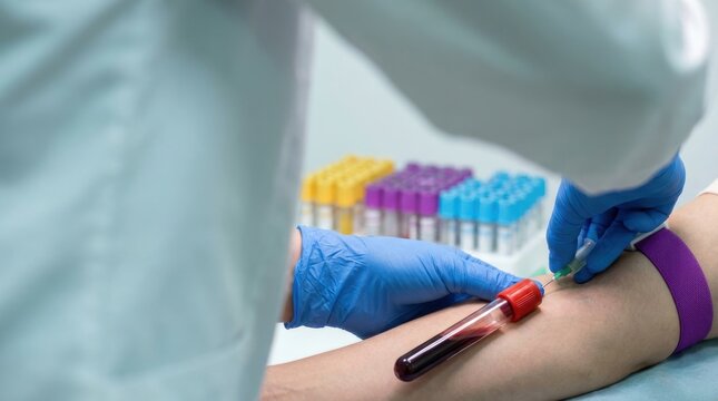 Medical professional in a white lab coat and blue gloves performing blood collection from a patient's arm