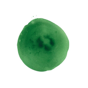 Hand-drawn green watercolor circle with natural paper texture and irregular edges. Isolated round splash of emerald paint with visible pigment granulation and subtle dark gradients