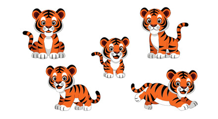Obraz premium Cartoon Tiger Cub Character Set Isolated on White Background