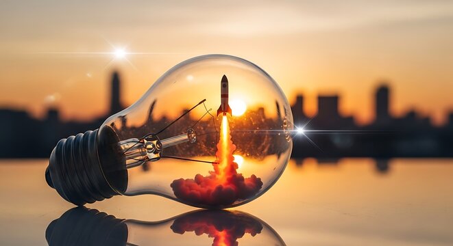Rocket launching inside glass light bulb on reflective surface against blurred city skyline at sunset representing business innovation and growth