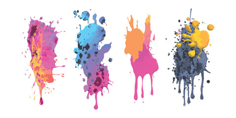 Fototapeta premium Set of colorful abstract paint splatter and ink drip vector illustrations with vibrant brush strokes on white background