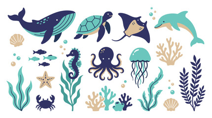 Fototapeta premium Set of cute sea animals and marine life elements