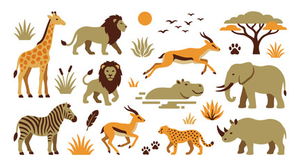 Fototapeta premium Set of African Safari Animals in Flat Style