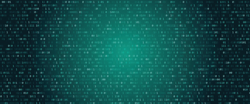 Binary code background with greenish blue digital matrix of 1s and 0s for tech and data concepts