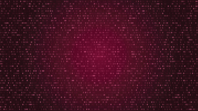 Binary code background with pinkish red hue and digital matrix pattern for tech and coding concepts